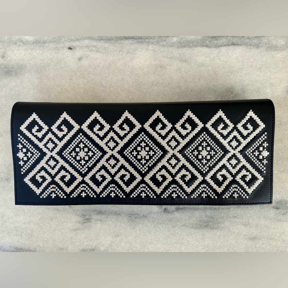 Leather Clutch Bag Artisan Handmade in Romania Iutta Embroidered Black Cream NEW